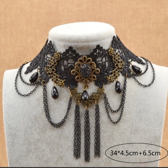 Justine’s Chic Boutique Jewelry - Black & Gold Metal & Lace Choker
